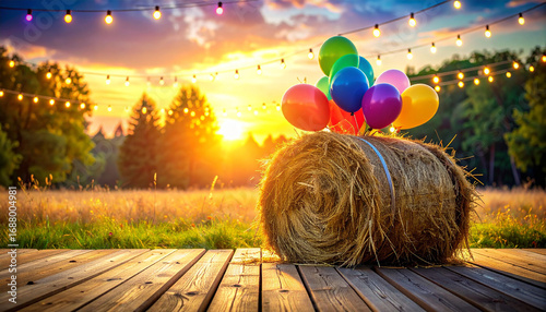 Party at Sunset: A rustic scene, capturing a bundle of colorful balloons perched atop a hay bale, illuminated by the warm glow of the setting sun, with string lights overhead.