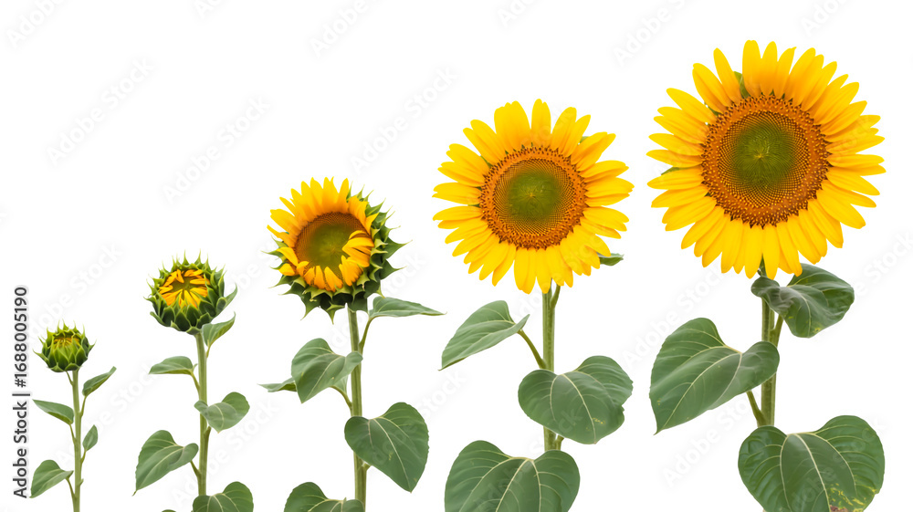 Fototapeta premium A growth progression photo of sunflowers against a pure white background. The image shows five sunflowers at different stages of growth arranged in a horizontal line.