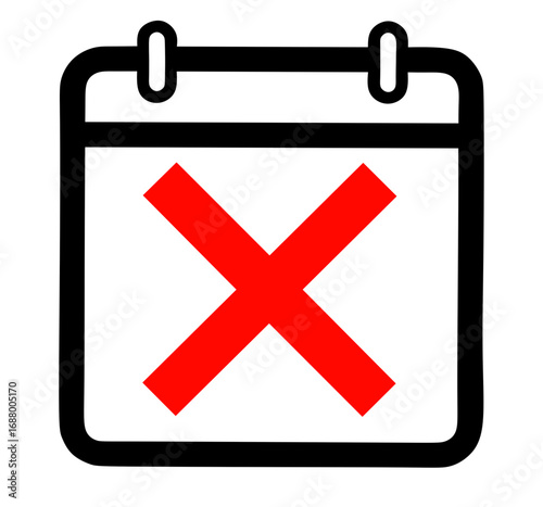 Calendar with a red cross icon symbolizing a canceled date, schedule, or deadline. Perfect for event planning, business, and web design.