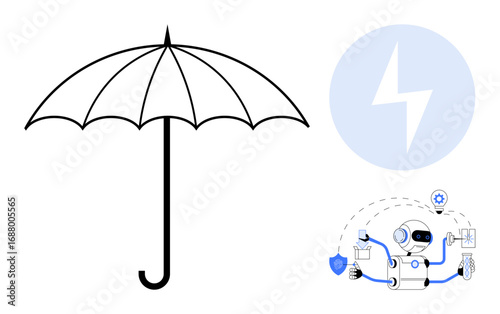 Black umbrella symbolizing protection, alongside a robot managing security, mail, and analytics tasks. Ideal for protection, automation, innovation, security, technology efficiency digital