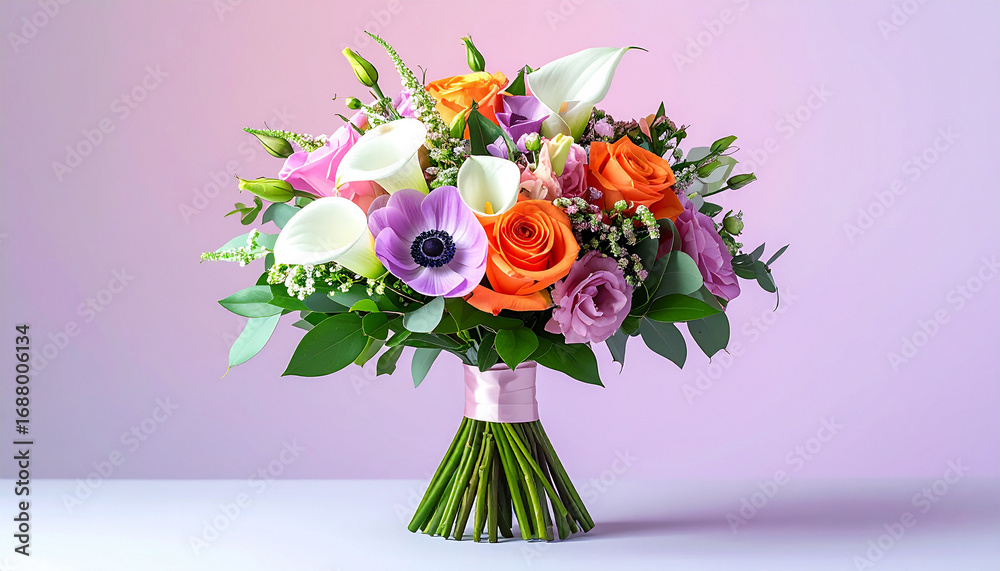 Fototapeta premium Floral Symphony: A captivating arrangement of colorful flowers blooms in a harmonious display against a soft, gradient backdrop, showcasing the vibrant beauty of nature's artistry.