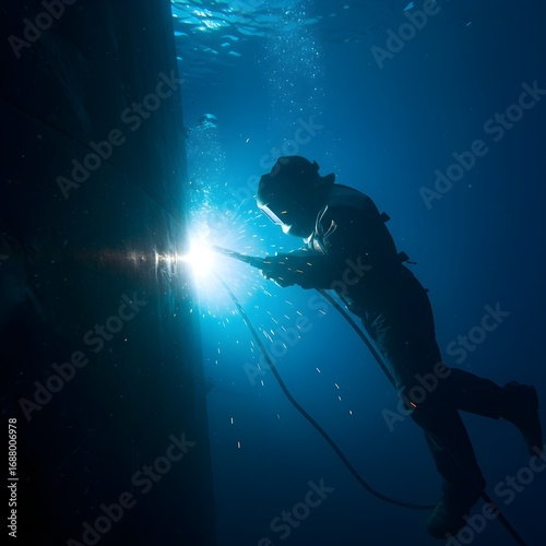 Backlit Underwater Welder Repairing a Massive Ship Hull in the Deep Ocean.