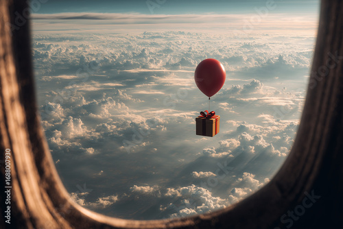 Gift box floating above clouds with red balloon
