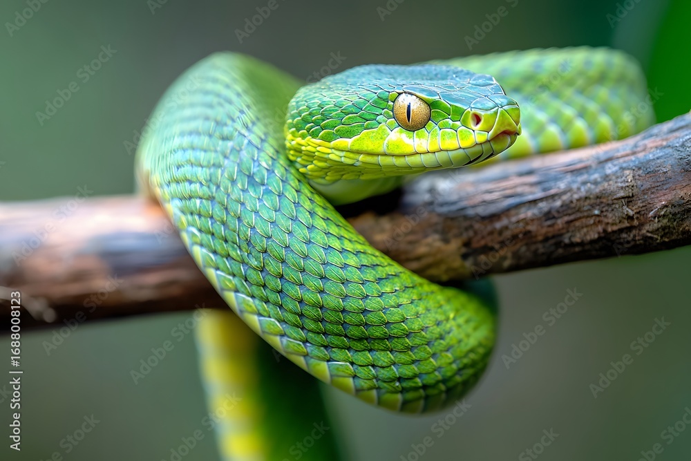 Obraz premium Vivid Green Tree Viper with Piercing Yellow Eyes Coiled on a Branch.