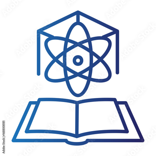 Blue gradient line icon symbolizing scientific education, academic research, and graduation with an atom, open book, and mortarboard