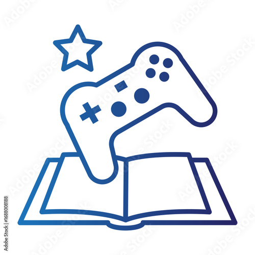 Gamification of education and interactive storytelling concept. Vector icon showing a game controller emerging from an open book with a star