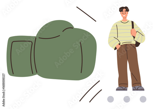 Green boxing glove mid-punch paired with a confident person standing casually. Ideal for balance, resilience, challenges, personal growth, conflict resolution, determination, success metaphor. A