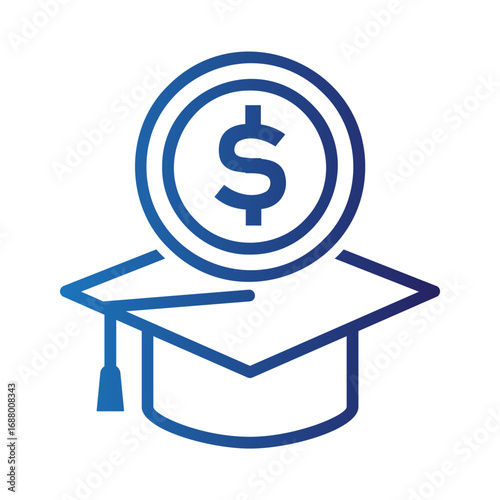 Blue line art icon of a graduation cap with a dollar coin, symbolizing education funding, student loans, and university tuition fees