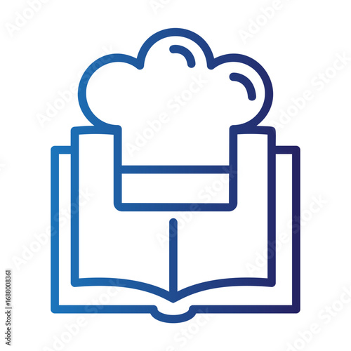 Blue gradient line icon of an open cookbook with a chef's hat, symbolizing culinary recipes and cooking education