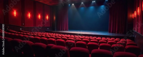 Relaxing dimly lit theater interior, plush velvet seating, empty stage, ready for a calming performance Perfect for wellness, mindfulness, and peaceful entertainment concepts , theater, yoga
