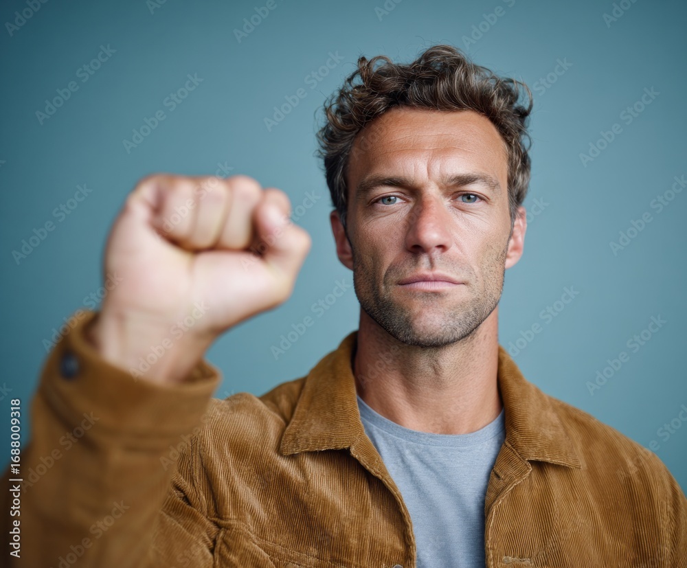 Obraz premium A confident man in a corduroy jacket, fist raised, against a muted backdrop, exudes a sense of determination and resolve.