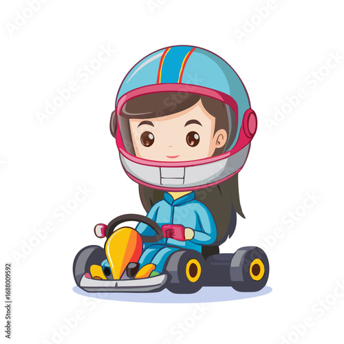 Cartoon go kart racer illustration vector design of girl driver in racing suit and helmet editable
