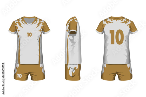 Volleyball jersey mockup white, and gold colors with front, side and back view.