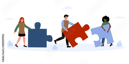 Team members collaborate to assemble large puzzle pieces outdoors in a bright, cheerful environment