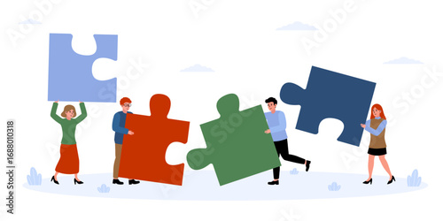 Team members collaborating to solve a puzzle in a cheerful outdoor setting during daytime