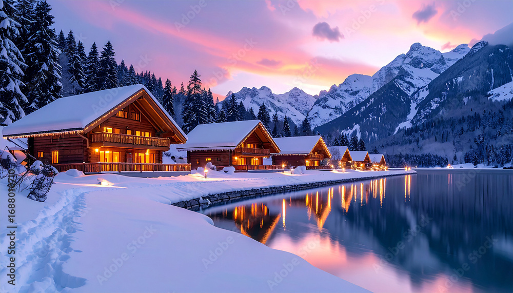 Fototapeta premium Serene Lakeside Cabins: Amidst a picturesque winter wonderland, a row of cozy cabins nestle by a tranquil lake.