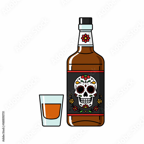 A bottle of amber liquor with a sugar skull label and a filled shot glass.