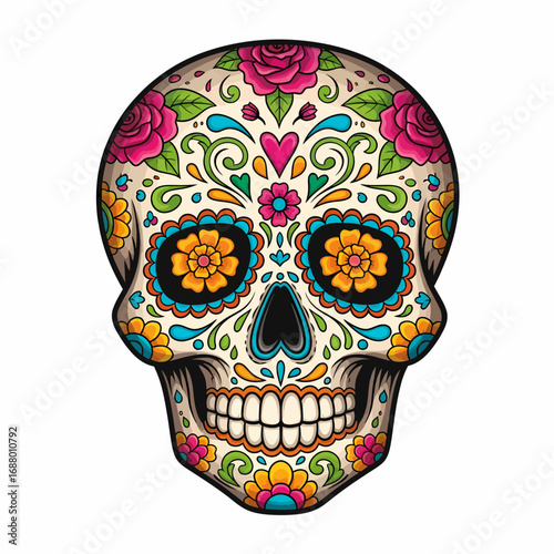 Ornate sugar skull, vibrant floral Day of the Dead design.