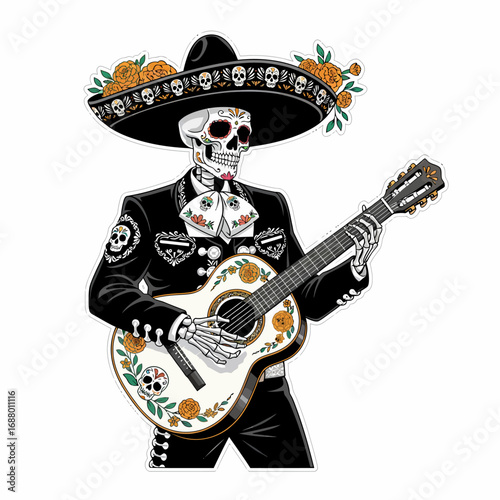Skeleton dressed as a mariachi musician, wearing a sombrero decorated with skulls and flowers, playing a white guitar.