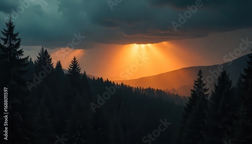 A sunbeam shines through the clouds over a dark forest landscape in a mountainous area at sunset