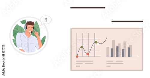 Customer support agent with a headset discussing analytics, represented by charts, bar graphs, and lines. Ideal for business analysis, customer service, teamwork, communication, consulting
