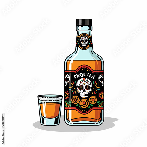Colorful illustration of a tequila bottle and shot glass, featuring skull designs.