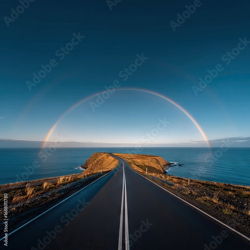 Coastal Road with Rainbow Sky