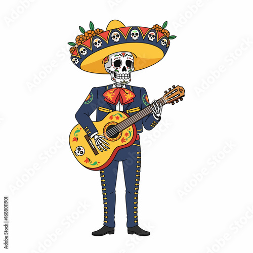 A colorful illustration of a skeleton mariachi musician playing a guitar, wearing a sombrero.