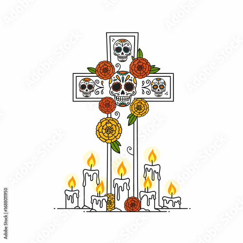A decorated cross adorned with skulls, flowers, and candles, celebrating the Day of the Dead.