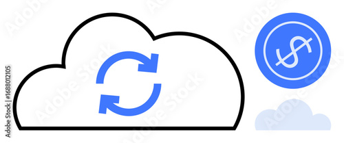 Cloud outline with syncing arrows, dollar coin symbolizing finance. Ideal for cloud computing, finance, savings, data sync, digital economy, money flow business strategy. Simple flat metaphor