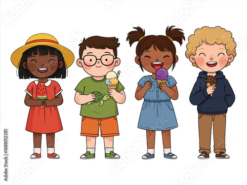 Happy cute kids eat ice cream set