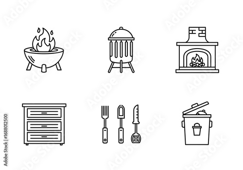 Collection of line art icons featuring a grill, smoker, fireplace, drawers, utensils, and trash can