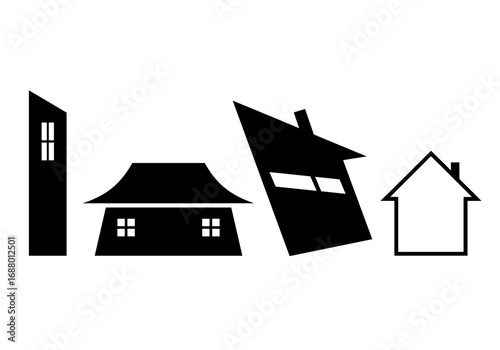 Four stylized building illustrations with varying designs and orientations shown together nicely here