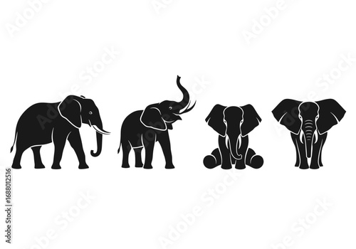 Four elephants in various poses shown as graphic silhouettes on a white plane view illustration