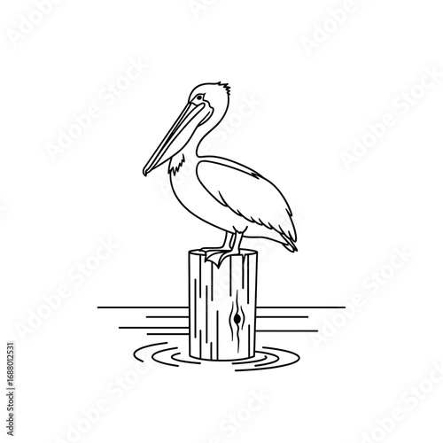 A pelican perched atop a wooden post in water, presented as a line drawing illustration art