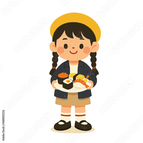 Character flat illustration of a cute girl holding a plate of japanese sushi. Isolated vector illusration.