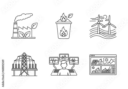 Six line art icons depicting power generation, monitoring, and waste management systems shown