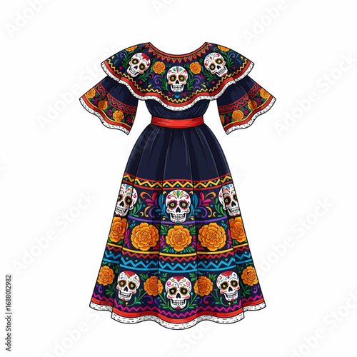 Elegant dark blue dress adorned with vibrant sugar skull and floral embroidery, perfect for Dia de los Muertos.