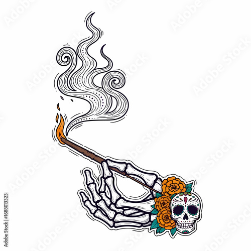 Skeletal hand delicately holding a lit matchstick, adorned with a sugar skull and orange blossoms.