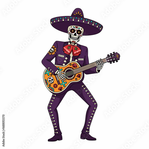 A festive skeleton mariachi in a purple suit and sombrero playing a guitar decorated for the Day of the Dead.