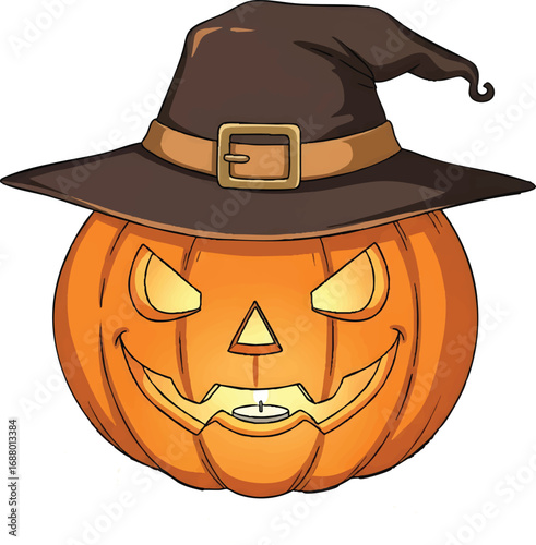 Cartoon Jack-o'-lantern pumpkin with a spooky smile and glowing eyes wearing a traditional witch hat for Halloween