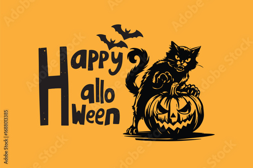 Angry black cat climbs a scary pumpkin with bats on a yellow background