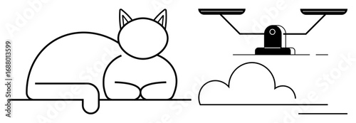 Cat lying peacefully, a cloud, and a balancing scale showcasing harmony, fairness, and calm. Ideal for balance, justice, nature, relaxation equality tranquility simple flat metaphor
