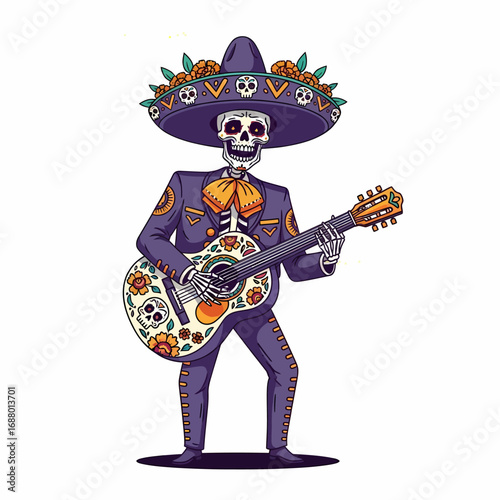 Skeleton mariachi musician playing ornate guitar, Day of the Dead theme.