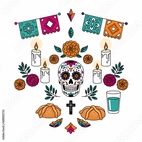 A colorful illustration of a traditional Day of the Dead altar with a sugar skull, marigolds, and candles.