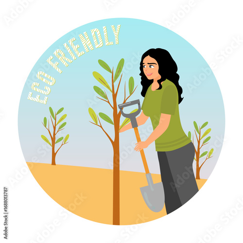 People planting trees concept. Young volunteer girl plant trees in city park.