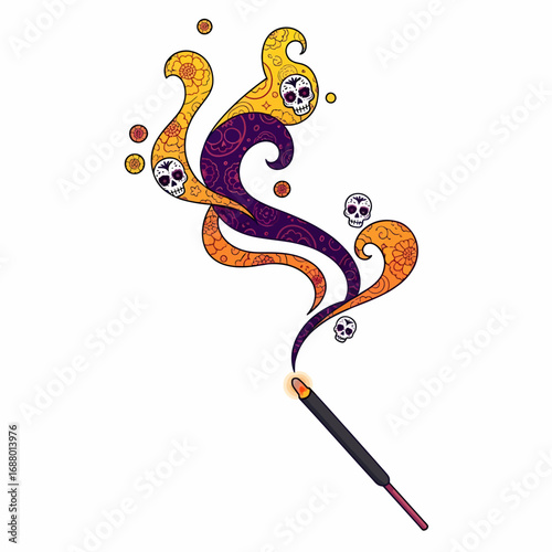 A burning incense stick releases ornate, swirling smoke decorated with stylized calavera skulls.
