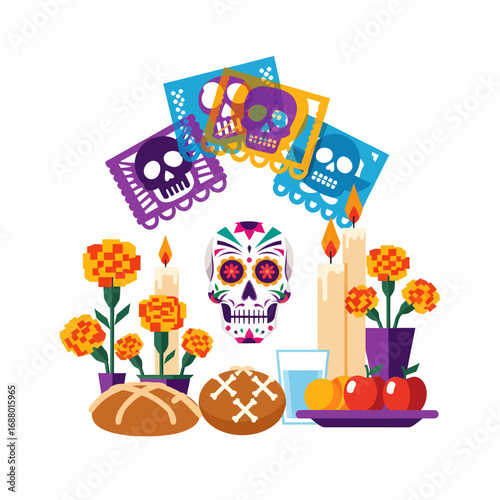 Colorful Day of the Dead altar with sugar skull, marigolds, bread, candles, and papel picado.