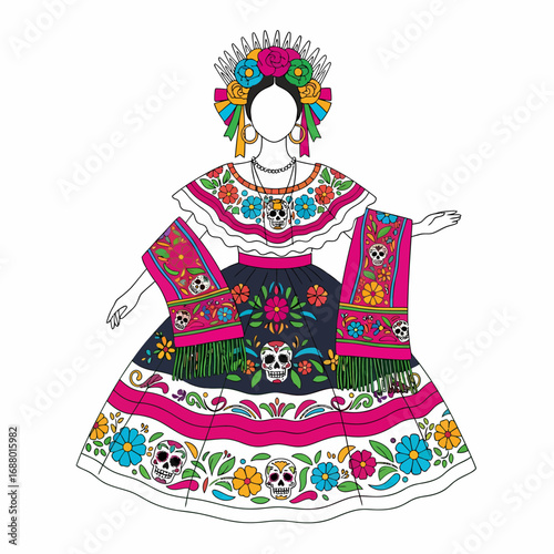 A faceless figure in a vibrant traditional Mexican dress and headdress with floral and sugar skull motifs.