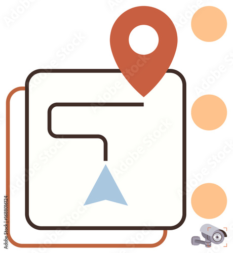 Map pointer, outlined path, destination triangle, stacked rectangles, and circular dots. Ideal for navigation, GPS, travel planning, geolocation wayfinding direction simple flat metaphor